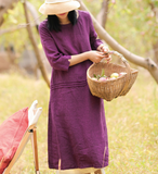 Purple Pleated Short Sleeve linen Women Dresses Casual Women Dress SSM97215