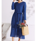 Blue Autumn linen Women Dresses Casual Fleece Lining Women Dress SSM97215