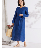 Blue Autumn linen Women Dresses Casual Fleece Lining Women Dress SSM97215