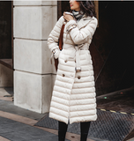 Hooded Puffer Coat Waist Belt Casual Long Winter Women Down Jacket 65002
