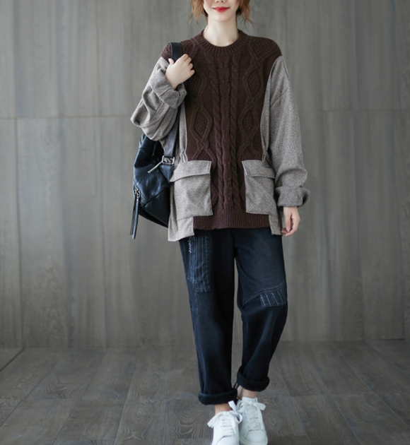 Patchwork Wool Knit Autumn Loose Spring Casual Women Cotton Tops WG961707