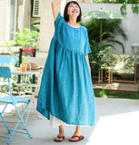 Blue Washed Soft Summer Linen Women Dresses Loose style Short Sleeve Women Dresses 98291