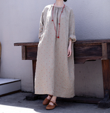 Red Dot Emboridery Summer Linen Women Dresses Washed Soft Loose Long Sleeve Women Dresses 97295