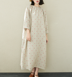 Red Dot Emboridery Summer Linen Women Dresses Washed Soft Loose Long Sleeve Women Dresses 97295