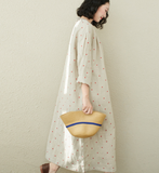 Red Dot Emboridery Summer Linen Women Dresses Washed Soft Loose Long Sleeve Women Dresses 97295