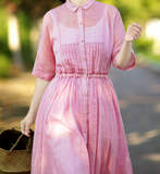 Pink Washed Soft Linen Summer Women Dresses Short Sleeve Maxi Women Dresses 97291