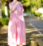 Pink Washed Soft Linen Summer Women Dresses Short Sleeve Maxi Women Dresses 97291