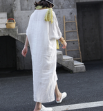 Slit White Linen Summer Women Dresses Short Sleeve Long Loose Women Dresses 17292