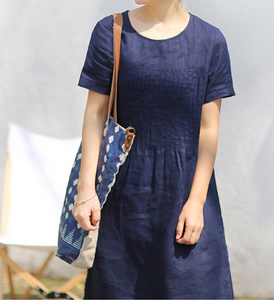 Pleated Linen Soft Washed Summer Linen Women Dresses Short Sleeve 7292