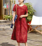 Pleated Linen Soft Washed Summer Linen Women Dresses Short Sleeve 7292