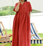 Loose Style Linen Dresses,Summer long Women Dresses Short Sleeve 90423