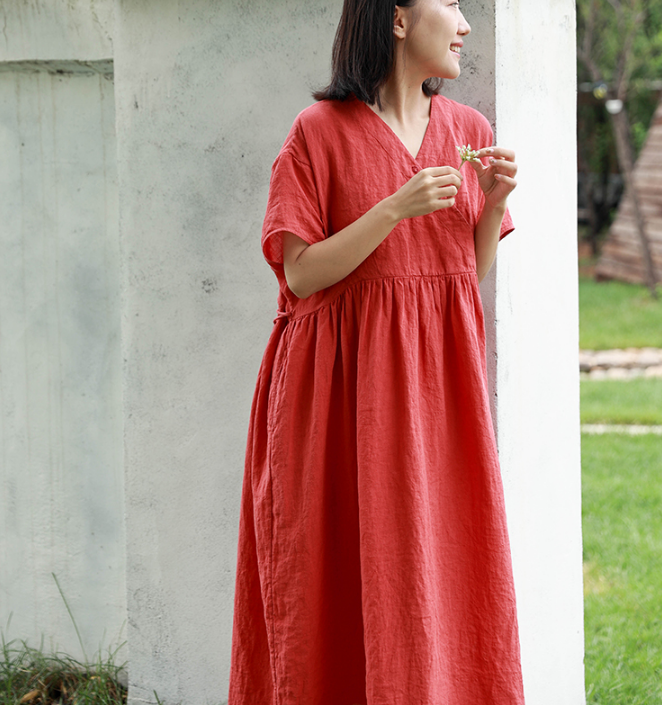 Loose Style Linen Dresses,Summer long Women Dresses Short Sleeve 90423 –  SimpleLinenLife