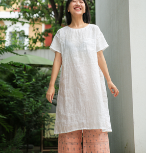 Simple Linen Dresses Summer Mid-length Women Dresses Short Sleeve 9023, XS / Black Simple Linen Dresses Summer Mid-length Women Dresses Short Sleeve 9023, XS / Black