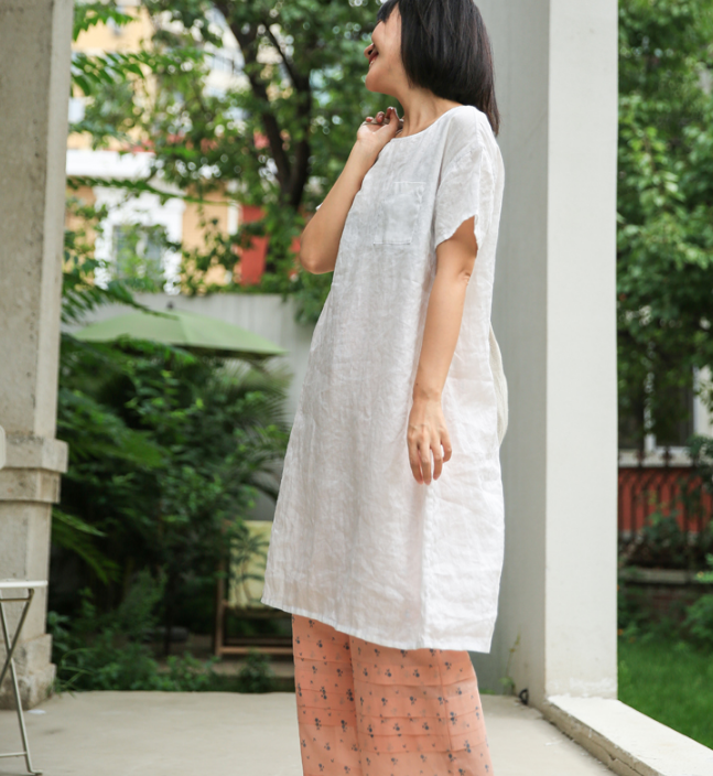 chinese dress ladies Mid Length Women Dresses, Short Sleeve Summer Linen Dress, Washed Linen  Women Dresses SJ9715