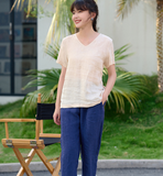 Summer Linen Tops V Neck Women Linen Shirt Tops 6106