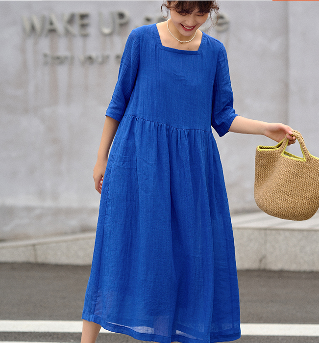 Soft Linen Dresses Summer long Washed Women Linen Dress 9922, L / blue Soft Linen Dresses Summer long Washed Women Linen Dress 9922, L / blue
