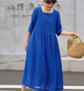 Soft Linen Dresses Summer long Washed Women Linen Dress 9922