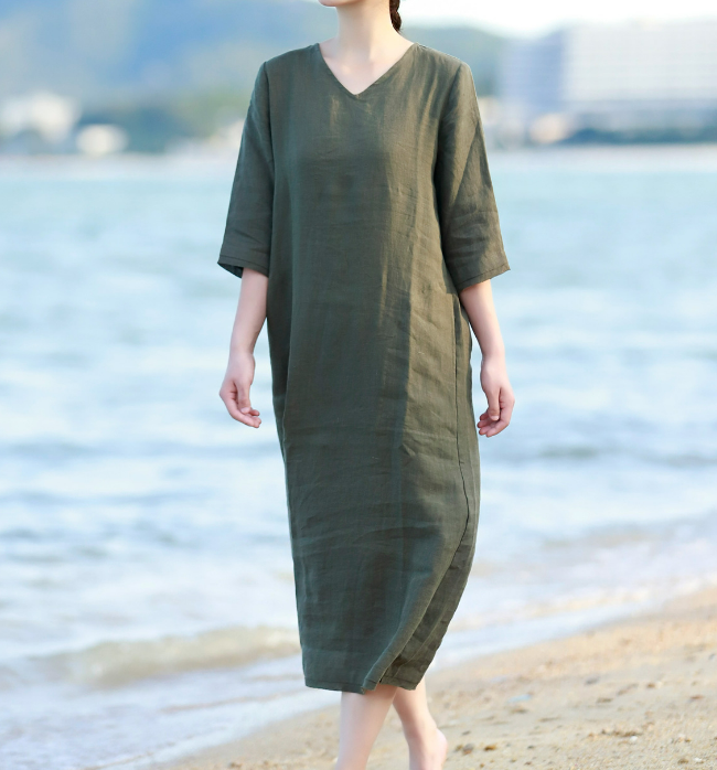 chinese dress ladies V Neck Soft Linen Dresses Summer long Washed Women Linen Dress 9221