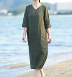 V Neck Soft Linen Dresses Summer long Washed Women Linen Dress  9221