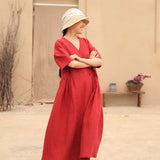 Red Loose Style Linen Women  Dresses CH90423