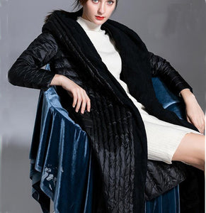 Linen Patchwork Long Women Down Coat Winter Loose 90% Hooded Duck Down Jackets