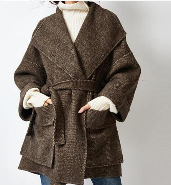 Double Face Women Coat ,Loose Wool Women Coat,Wool Coat Jacket With Waist Belt  10959