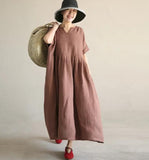 Coffee Loose Style Linen Dresses, Summer long Women Dresses ,Short Sleeve Maxi Dress 90423