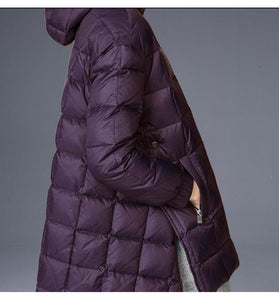 Slit Winter Duck Down Jacket, Hooded Down Jacket Women Plus Size
