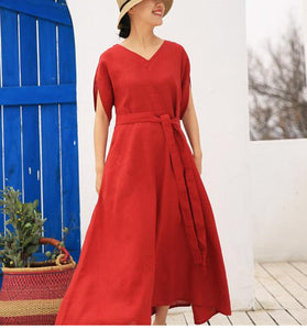 Red linen Women Dresses Casual Summer Maxi Wedding Dress Long Women Linen Dresses 21571