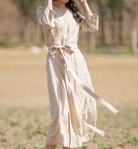 Khaki Linen Women Dresses Short Sleeves V Neck Waist Belt Summer Long Dresses XH9507