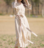 Khaki Linen Women Dresses Short Sleeves V Neck Waist Belt Summer Long Dresses XH9507