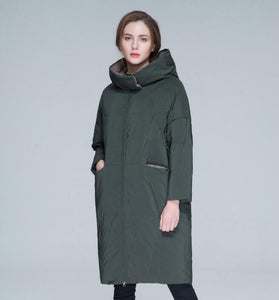 Army Green Winter Loose Duck Down Jackets Hooded Warm Women Long Down Coat