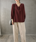 Plaid Women Casual Blouse Cotton Linen Shirts Tops DZA200851