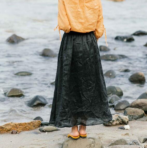 Black-Women's-Skirts-Summer-Linen-Skirt-Elastic-Waist (1)