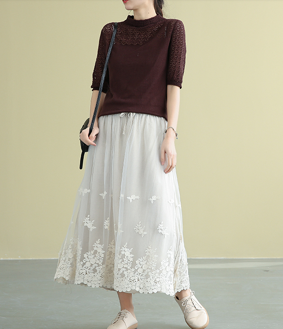 Casual polyester Cotton Cut out embroidery loose fitting Women's Skirts