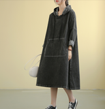 Denim Hooded Dress Autumn Cotton Linen Women Dresses DZA208232