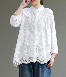 Lace Women Cotton Tops Women Blouse Long Sleeves Loose Style Shirts H9505