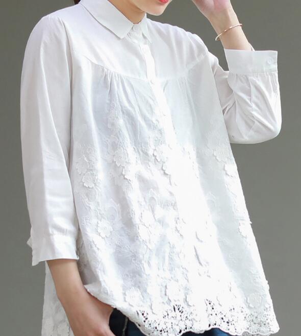 Lace Women Cotton Tops Women Blouse Long Sleeves Loose Style