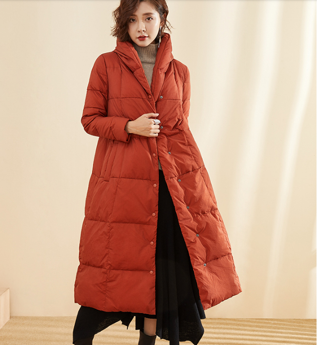 A-Line Long Winter Puffer Coat Duck Down Jacket Large Collar Women