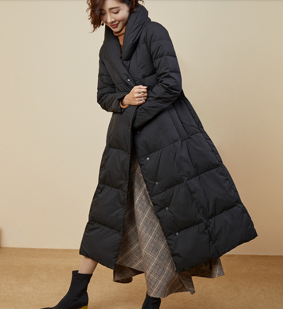 A Line Long Winter Puffer Coat Duck Down Jacket Large Collar Women