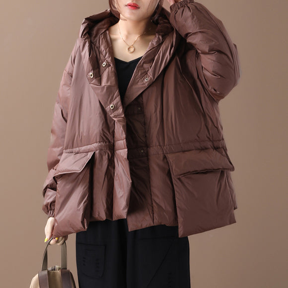 Loose large size irregular three-dimensional pocket hooded short down jacket