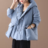 Loose large size irregular three-dimensional pocket hooded short down jacket