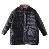 Loose large size stand collar large pocket zipper bright down jacket