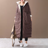 Loose stand collar hooded large pocket long down jacket