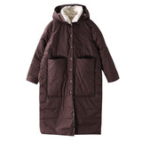 Loose stand collar hooded large pocket long down jacket