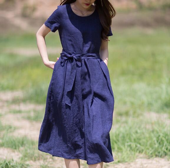 Navy Linen Dresses O Neck Waist Belt Summer Midi Dresses XH9527 –  SimpleLinenLife