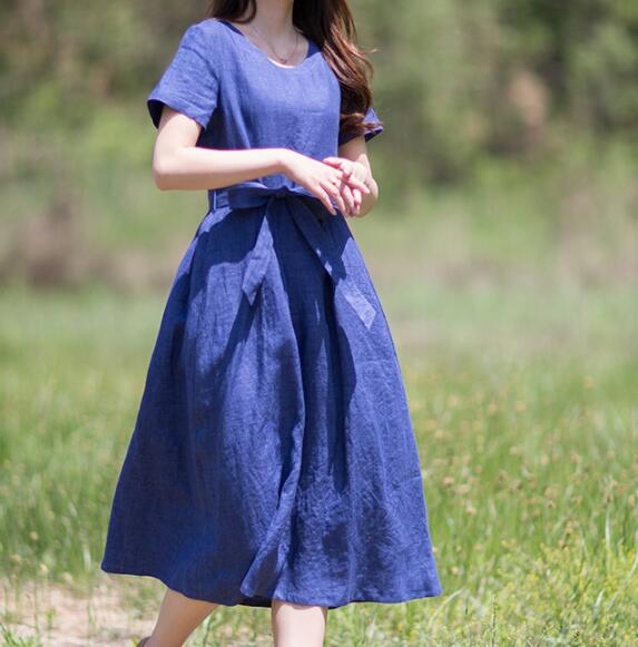 Navy Blue 100% Linen Women Dresses O Neck Spring Summer Women Dresses XH9527