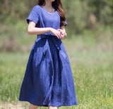 Navy Blue 100% Linen Women Dresses O Neck Spring Summer Women Dresses XH9527