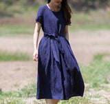 Navy-blue-100%-linen-women-Dresses-summer-spring-women-dresses-waist-belt