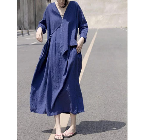 Navy-blue 100%-Linen-Women -Dresses 34 Sleeves 1